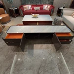 Luxury Deep Brown Textured TV Stand with Marble Top, Gold Metal Base and Orange Interior Drawers